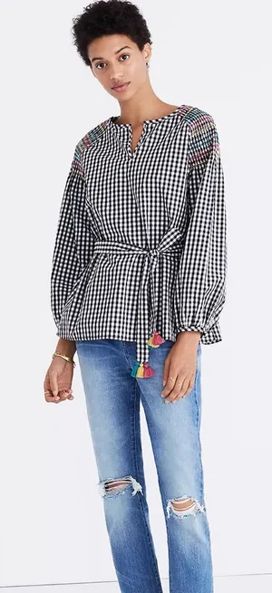 Madewell Smocked Black & White Checkered Gingham Tassel Top with Embroidery S thumbnail 1
