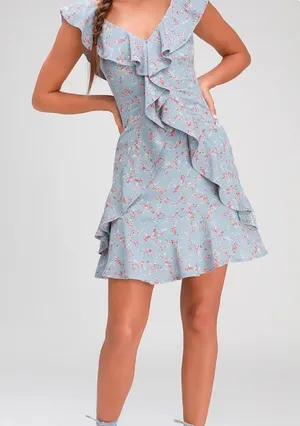 Lulus Radiant Rosa Light Blue Floral Print Ruffled Mini Dress Size M thumbnail 1