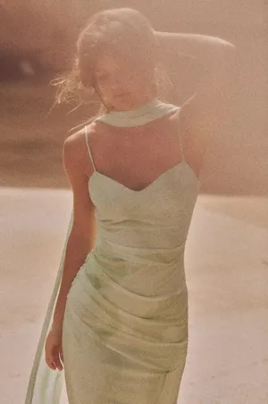 Zara sheer Green Women's maxi Dress scarf evening wedding holiday thumbnail 10