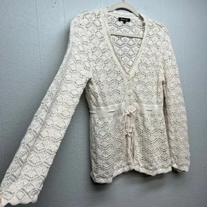 DALIA Pointelle Knit Tie Front Cotton Cardigan Sz Large Cottage Beachy Coastal thumbnail 7
