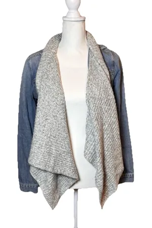 Y2K Abercrombie & Fitch Denim Jacket Built‎ In Scarf Knit Collar Womens Small thumbnail 1
