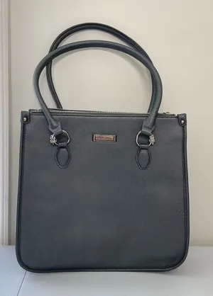 Tahari blue‎ gray silver hardware metallic deep pocket shoulder tote purse bag thumbnail 1