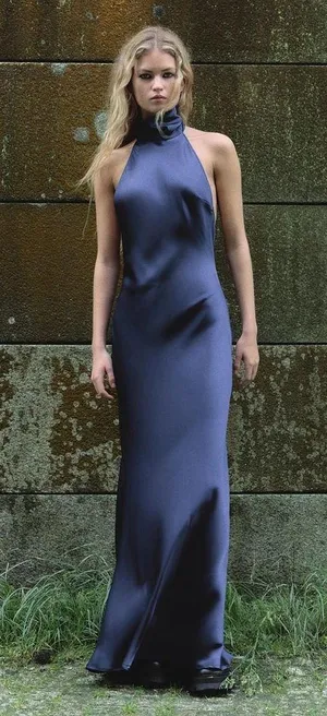 Zara maxi dress satin slip gown Elegant blue Halter formal party wedding prom thumbnail 15