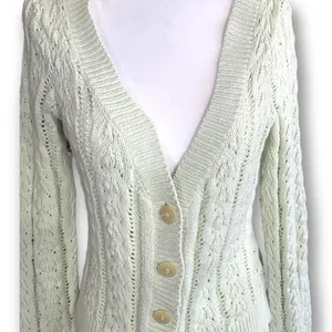 Vintage 90s Fitted Cable Knit‎ Cardigan Sweater Cropped Pastel Pistachio Green thumbnail 4