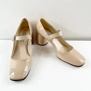 Prada Patent Leather Block Heel Square Toe Mary Jane Pumps Shoes Nude 38.5 thumbnail 5