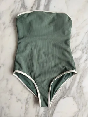 WILO The Label Sage Green Ribbed Strapless One-Piece Swimsuit • Sz S thumbnail 1