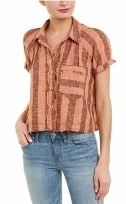 Free People We The Free Away At Sea Frayed Hem Button Down Striped Top M thumbnail 1