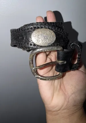 Vintage Heavy Tooled Leather Concho Belt Size 38 Western Biker Black Silver Tone thumbnail 1