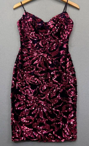 Privy Womens Small Purple Velvet Sequin‎ Bodycon Mini Dress Sweetheart Neckline thumbnail 1