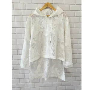 Free People FP Movement White Floral Mesh Hoodie High Low Hem Sweatshirt‎ Large thumbnail 2