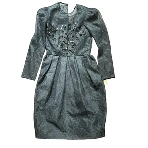 Nuit Midi Dress Womens S Black Swiss Dot Sequin Embroidered VTG Cocktail Goth thumbnail 2