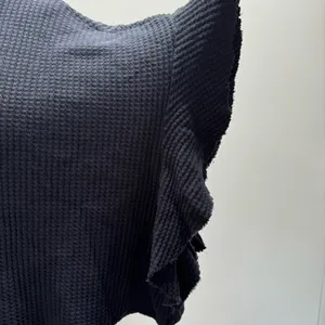 BUCKETLIST Navy Blue Waffle Knit Raw Edge Flutter Sleeve Slouchy Cropped Top NEW thumbnail 9