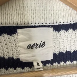 Aerie Ivy Polo Sweater XL Navy White Striped Cotton Knit Oversized thumbnail 3