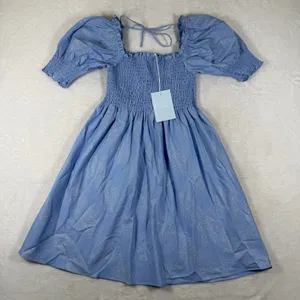 Hill House Home Athena Nap Dress XS Light Blue Glitter Check Metallic Smocked NW thumbnail 1