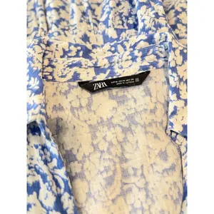 ZARA Womens Dress Blue Midi Floral Ditsy Shirtdress Linen Short Sleeve Medium thumbnail 3