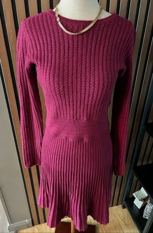 Loft Wool Blend Sweater Dress size small Pleated Skirt Maroon Red long sleeve thumbnail 1