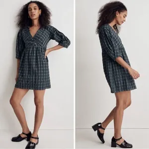 MADEWELL Marianna Puff-Sleeve Mini Dress in Plaid NI640 Size S thumbnail 3
