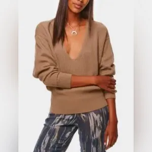 Free People Allure‎ Pull Over Deep V-Neck Ribbed Sweater Taupe Brown Size Small thumbnail 2