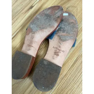 Kate Spade Kiltie denim slide sandals, featuring textured blue fringe straps thumbnail 3