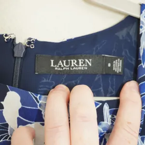Lauren Ralph Lauren Size 8 Blue Floral Midi Dress Waist Tie Sleeveless Wedding thumbnail 5