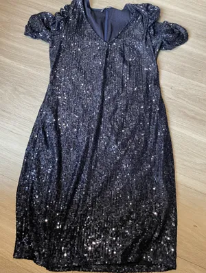MARINA Black Sequin Midi Dress with Puff Sleeves and V-Neck thumbnail 1