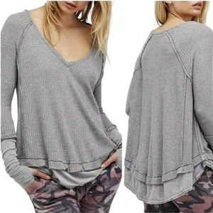 We The Free Shirt Women Medium‎ Gray Oversized Waffle Knit Laguna Thermal Tee thumbnail 2