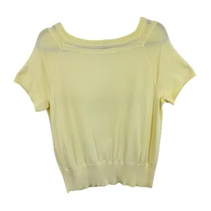 Ann Taylor Factory Womens‎ XL Pale Yellow Square Neck Pointelle Knit Sweater Top thumbnail 2