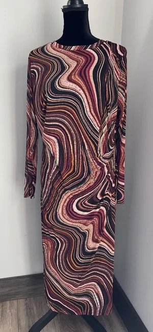 Nine West 2X Sheer Sleeves Overlay‎ Ripple Midi Dress Ruched Waist Pink Black thumbnail 1