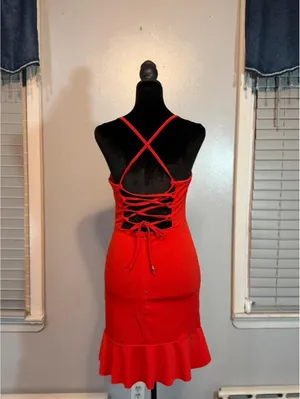 Red Lace Up Back Bodycon Ruffle Hem Spaghetti Strap Mini Cocktail Date Night thumbnail 5