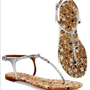 TORY BURCH Marion Confetti Cork T-Strap Silver Metallic Leather Thong Sandal 7.5 thumbnail 2