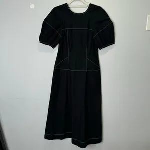 NWT‎ Madewell Puff-Sleeve Drop-Waist Midi Dress Lightweight Cotton Black NQ890 thumbnail 3