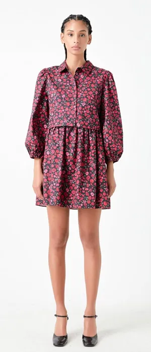 English Factory Floral Shirtdress Mini Dress 100% Cotton 3/4 Sleeves Pink Medium thumbnail 1