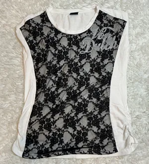Von Dutch Originals Black Lace Front Graphic Tee Sheer Floral Panel Women's Sz S thumbnail 1