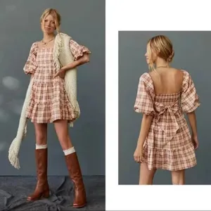Faithfull the Brand Eryn Gingham Check Mini Dress Puff Sleeve Tie Back Brown L thumbnail 2