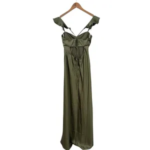 Lulus Exuberant Luxury Olive Green Satin Ruffled Lace-Up Maxi Dress size M NWT thumbnail 4