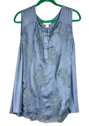 Style and Co Top Womens Blue 2X Sleeveless Embroidered Rayon Blouse thumbnail 1