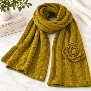 Mud Pie Scarf Womens Chartreuse Green Cable Knit Rosette Flower 60 x 18 thumbnail 1