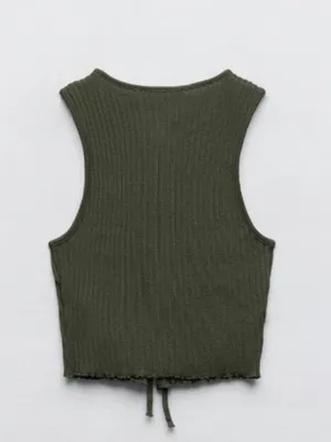 Zara Sleeveless Ribbed Tie Front Knit Top Shirt Dark Green Womens Size Small thumbnail 2