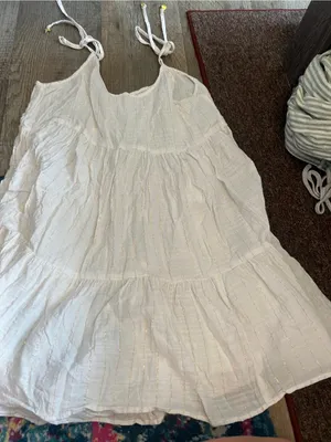 Aerie Magic Hour White Gold Striped Tie-Shoulder Cotton Swim Coverup Dress sz M thumbnail 14