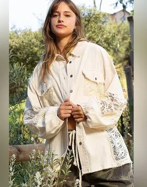 POL Cream Lace Detail Button-Up Top thumbnail 1