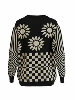 OXKNIT 2XL Black White Daisy Checkerboard Stripe Knit Sweater Retro thumbnail 2