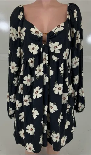 American Eagle Outfitters Black Floral Keyhole Babydoll long sleeve Dress XL. thumbnail 1