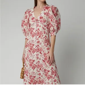 Evi Grintela NWT off white Maxi Dress with red Floral Print, buttons, xS,RV $800 thumbnail 3