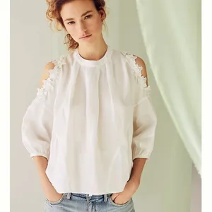Anthropologie Eri + Ali Floral Applique cold shoulder blouse loose fit SP petite cream linen thumbnail 1