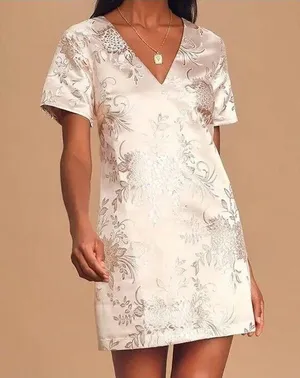Lulus Jacquard Shift Dress Go with the Glow Metallic Champagne Floral Size XS thumbnail 1