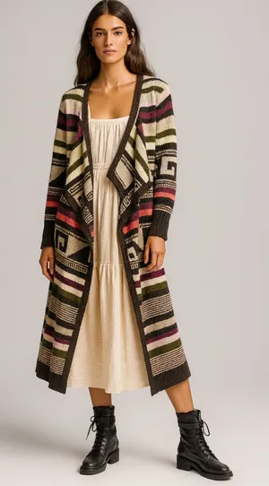 Free People Rolla Costa open sweater duster cardigan with southwestern motif. M thumbnail 1