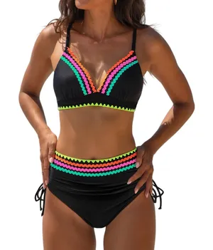NWT Popvil Black/Neon Scallop Trim High Waisted Tie Side Bikini Set Large thumbnail 1