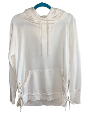 Gap Ivory Hooded Sweatshirt Small Lace Up‎ Side Hoodie Soft Cozy Pullover thumbnail 1