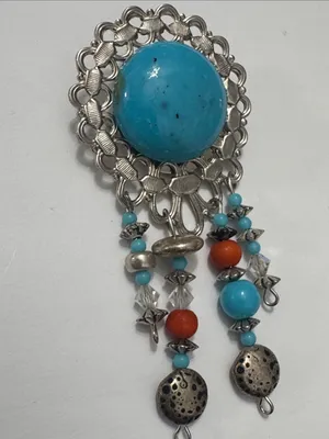 Vintage Turquoise& Coral Dangle Brooch — Silver-Tone Women’s Jewelry thumbnail 6