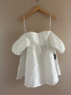 Lulus Sweet Vision White Taffeta Off-the-Shoulder Babydoll Mini Dress Medium thumbnail 4